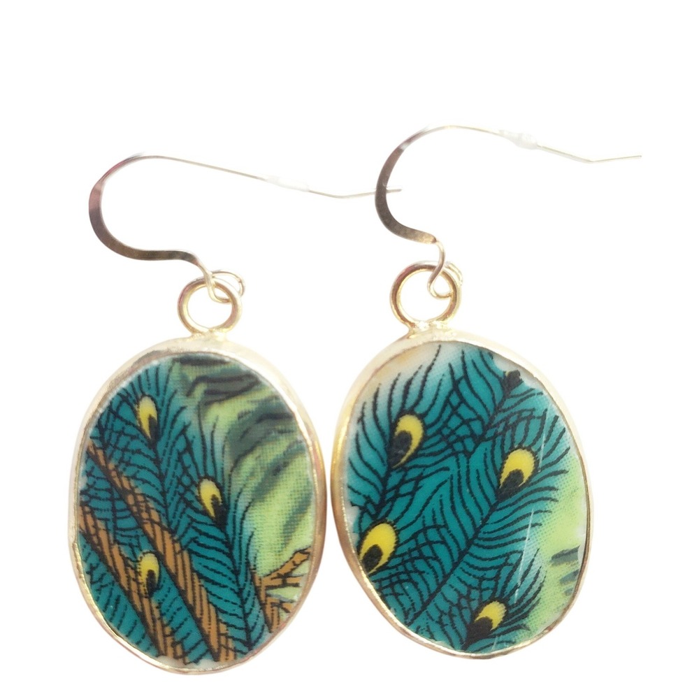 Vintage Porcelain Pottery Shard Earrings Peacock Green on Sterling Silver Wires